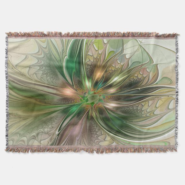 Colourful Fantasy Modern Abstract Fractal Flower Throw Blanket (Front)