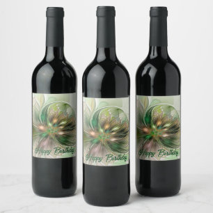 Colourful Fantasy Modern Abstract Fractal Flower Wine Label