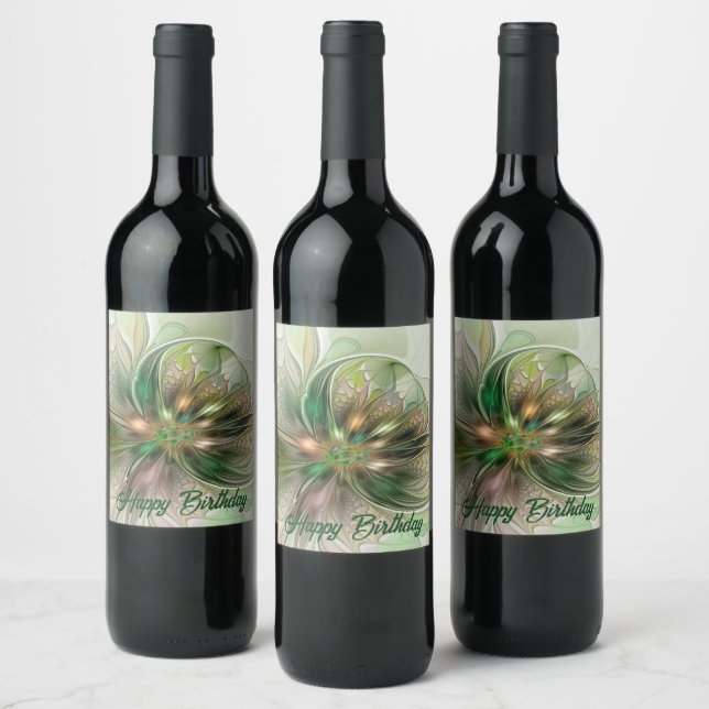Colourful Fantasy Modern Abstract Fractal Flower Wine Label (Bottles)
