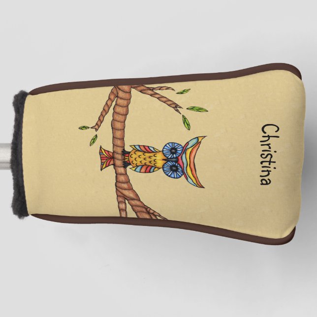 Colourful Fantasy Owl Blue eyes on Branch Tan Golf Head Cover (Front)