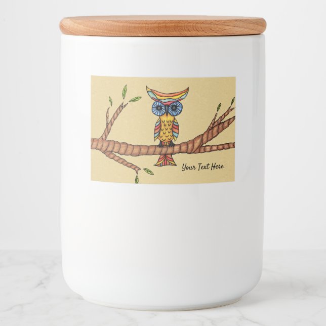 Colourful Fantasy Owl Blue eyes on Tree Branch Tan Food Label (Front)