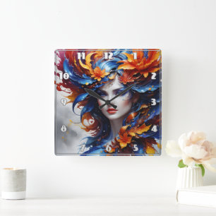 Colourful Fantasy Portrait of a Woman With Flowers Square Wall Clock