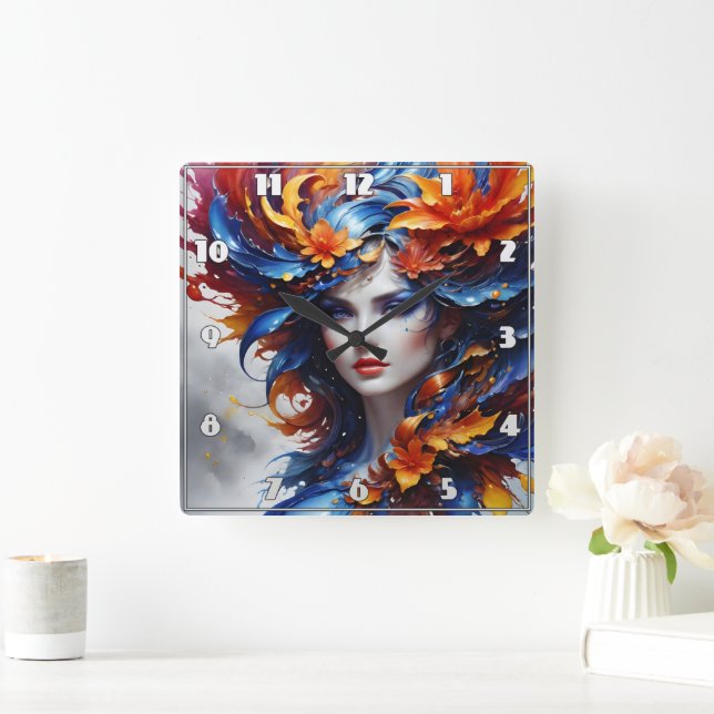 Colourful Fantasy Portrait of a Woman With Flowers Square Wall Clock (Home)