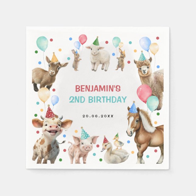 Colourful Farm Confetti Party Animals Boy Birthday Napkin (Front)