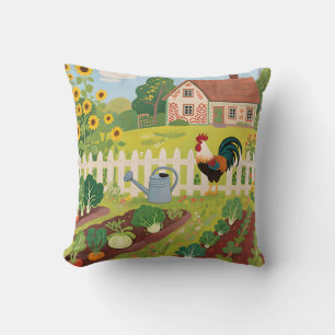 Colourful Farm Garden Rooster Throw Pillow