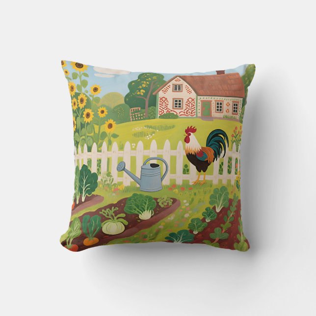 Colourful Farm Garden Rooster Throw Pillow (Front)
