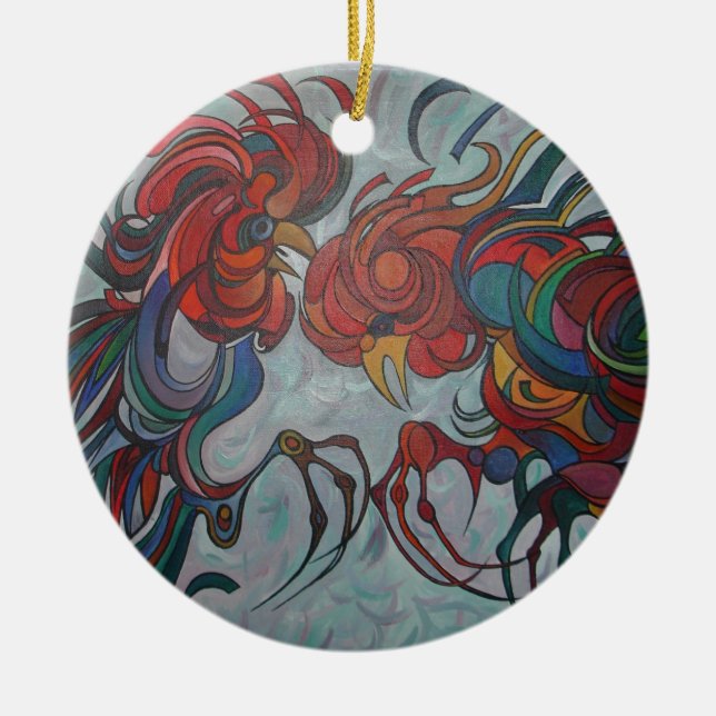 Colourful Farmyard Roosters Ceramic Ornament (Front)