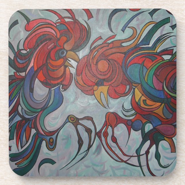 Colourful Farmyard Roosters Coaster (Front)