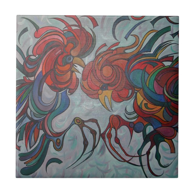Colourful Farmyard Roosters Tile (Front)