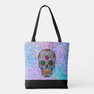 Colourful faux flitter and retro sugar skull tote bag