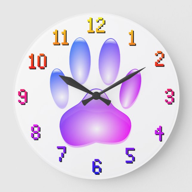 Colourful Faux Glass Dog Paw Print Large Clock (Front)