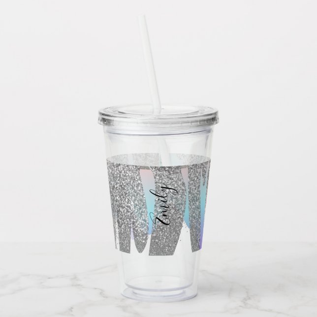 Colourful Faux Glitter Dripping Monogrammed Name   Acrylic Tumbler (Left)
