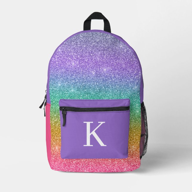 Colourful Faux Glitter Monogram Kid Girl Printed Backpack (Front)