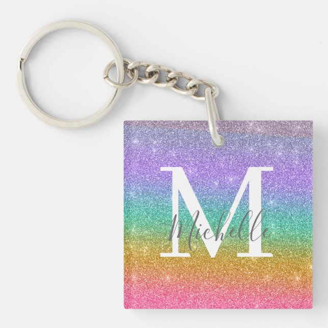 Colourful Faux Glitter Personalized Monogram Name Keychain (Front)