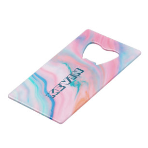 Colourful faux marble background credit card bottle opener