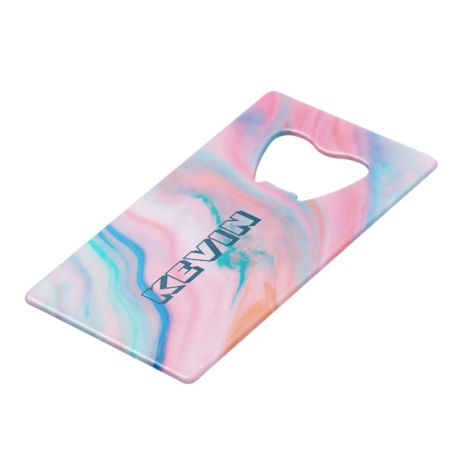 Colourful faux marble background credit card bottle opener (Back Angled)