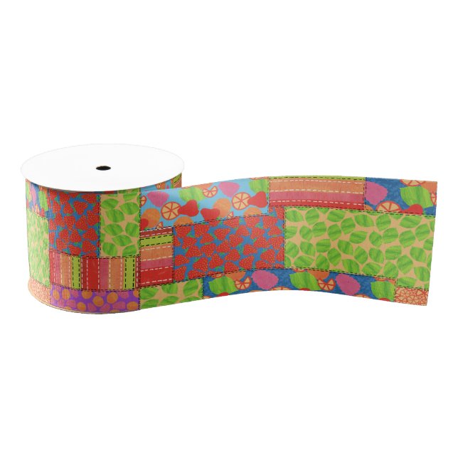 Colourful Faux Patchwork of Summer Fruits Patterns Grosgrain Ribbon (Spool)