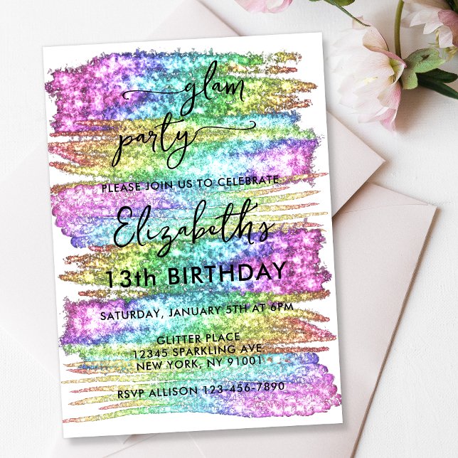Colourful Faux Rainbow Glitter Girls Glam Spa Part Invitation (Creator Uploaded)