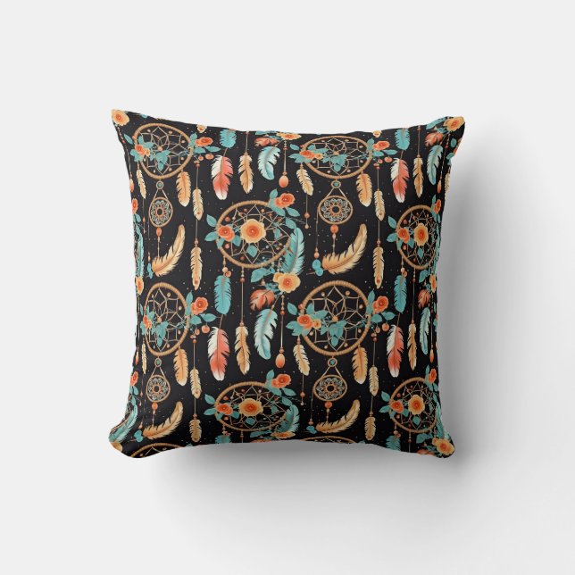 Colourful feather dreamcatcher floral black teal  throw pillow (Front)