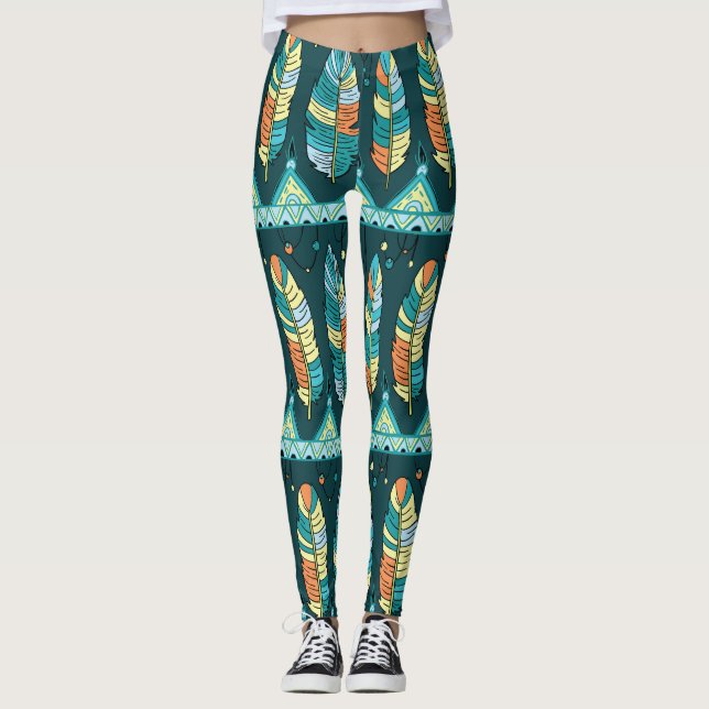 Colourful feather, endless texture pattern leggings (Front)