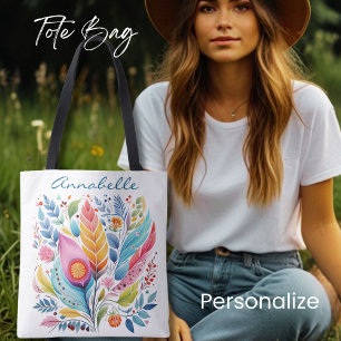 Colourful Feather Floral Tote Bag, Boho Style, Bag