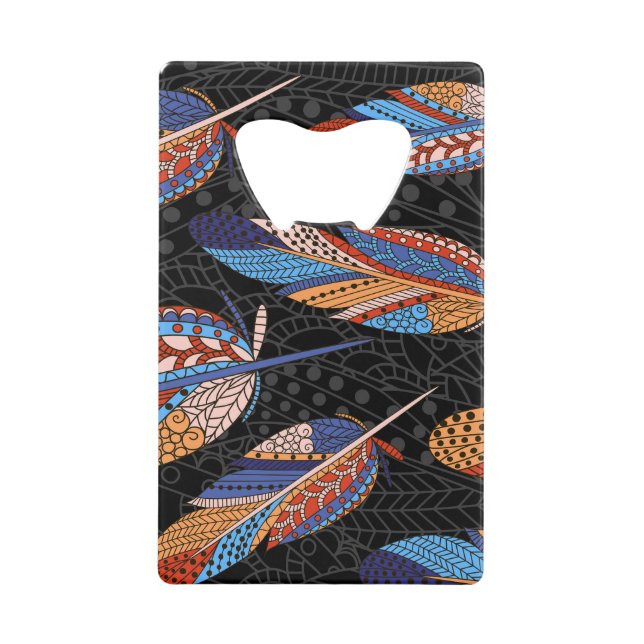 Colourful Feather Pattern Seamless Background. Credit Card Bottle Opener (Front)