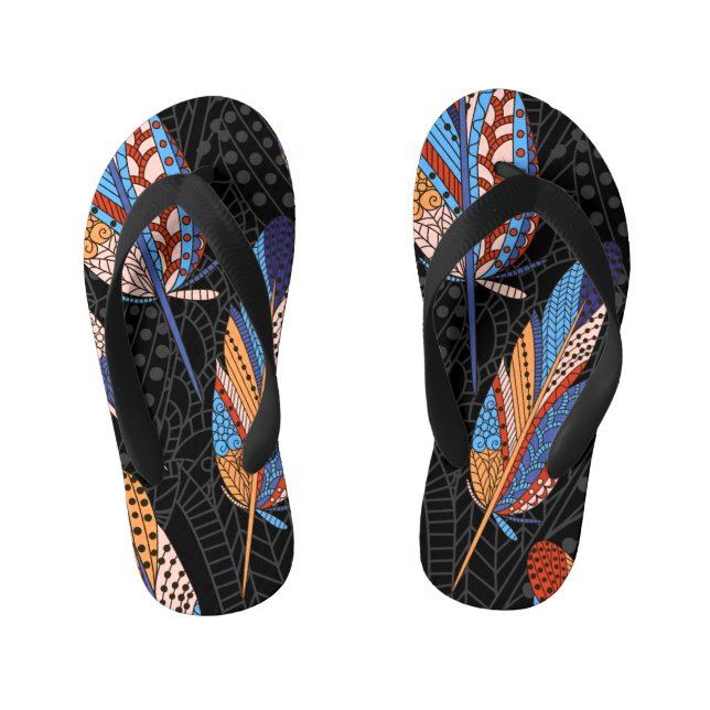 Colourful Feather Pattern Seamless Background. Kid's Flip Flops (Footbed)