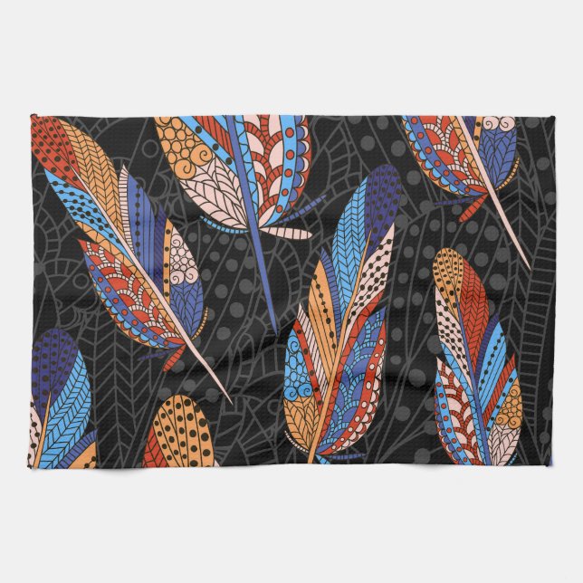 Colourful Feather Pattern Seamless Background. Kitchen Towel (Horizontal)