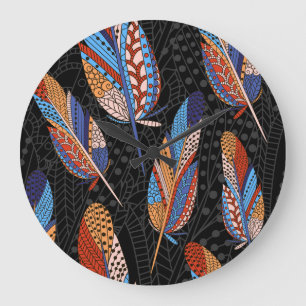 Colourful Feather Pattern Seamless Background. Large Clock