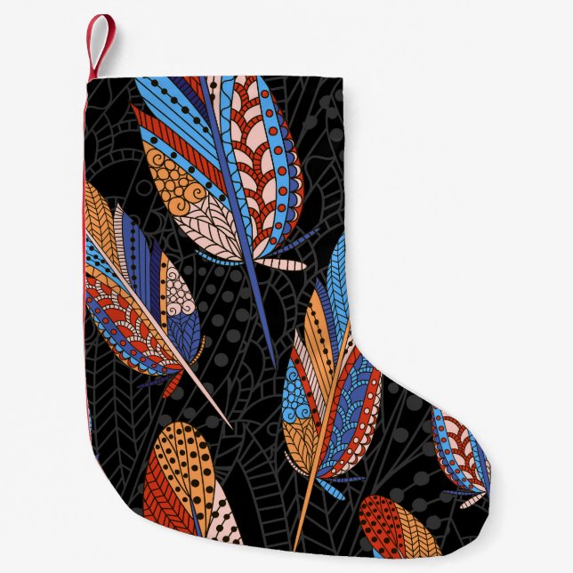 Colourful Feather Pattern Seamless Background. Small Christmas Stocking (Front)