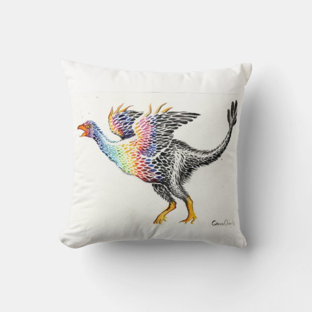 Colourful feathered dinosaur throw pillow (Front)