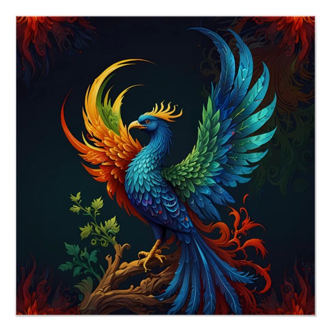 Colourful Feathered Phoenix Bird Pattern  Poster (Front)
