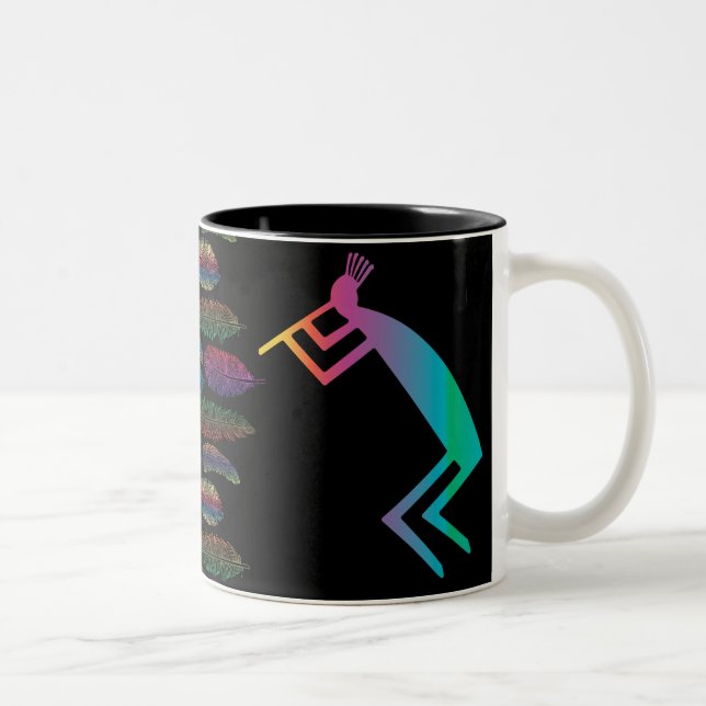 Colourful Feathers Abstract Cave Kokopelli Two-Tone Coffee Mug (Right)