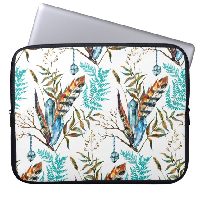 Colourful Feathers And Blue Crystals Laptop Sleeve (Front)