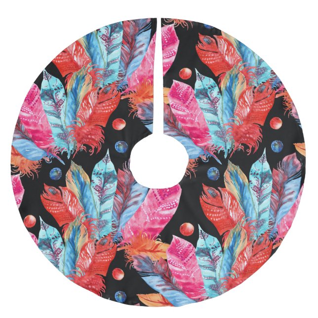 Colourful feathers, boho, seamless, vibrant. brushed polyester tree skirt (Front)