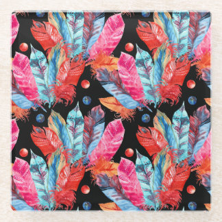 Colourful feathers, boho, seamless, vibrant. glass coaster