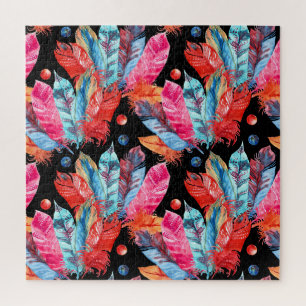Colourful feathers, boho, seamless, vibrant. jigsaw puzzle