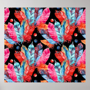 Colourful feathers, boho, seamless, vibrant. poster