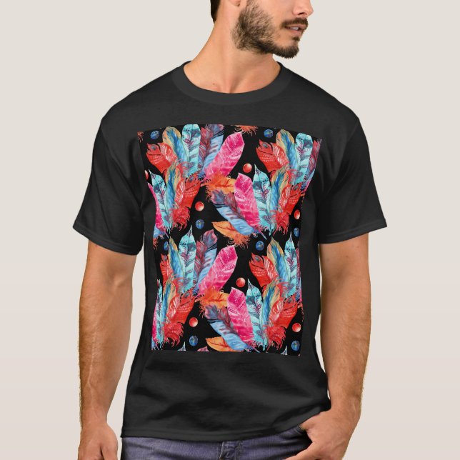 Colourful feathers, boho, seamless, vibrant. T-Shirt (Front)