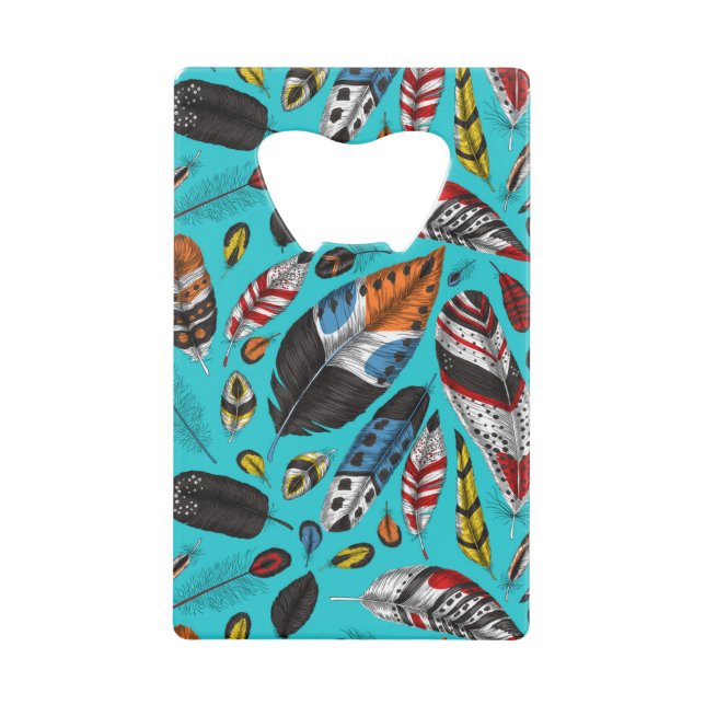 Colourful feathers credit card bottle opener (Front)