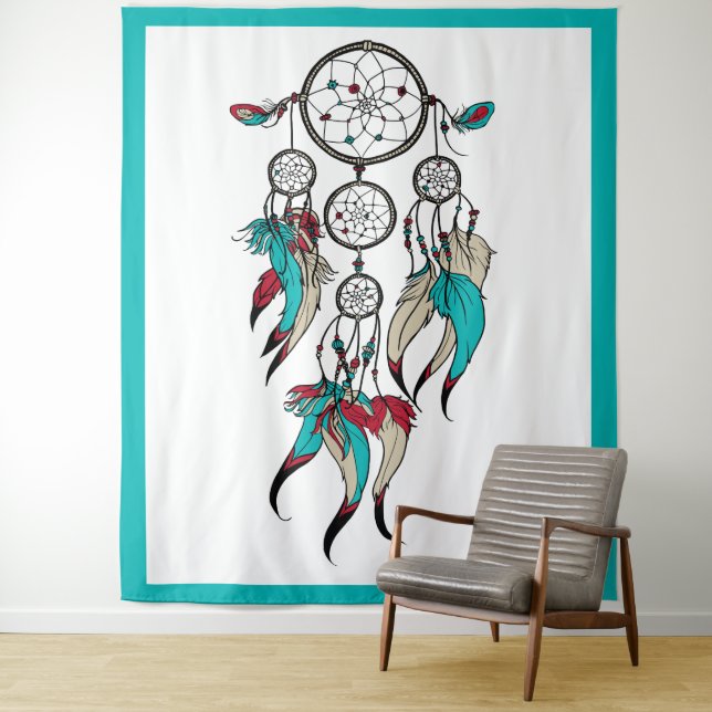 Colourful feathers dreamcatcher tapestry (In Situ)