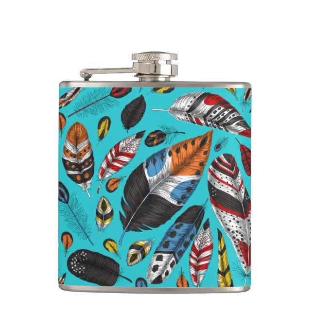 Colourful feathers hip flask (Front)