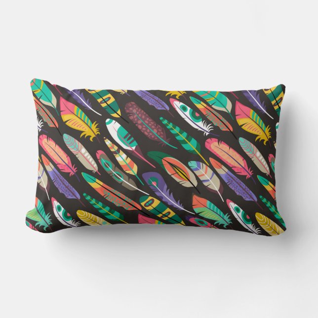 Colourful Feathers Lumbar Pillow (Front)