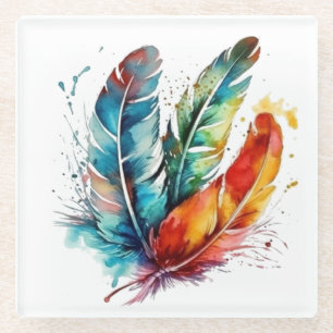Colourful feathers Native American water colour  Glass Coaster