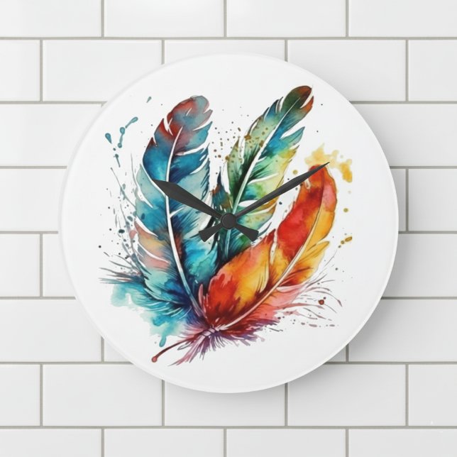 Colourful feathers Native American water colour  Large Clock (Creator Uploaded)