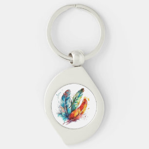 Colourful feathers Native American watercolor Keychain