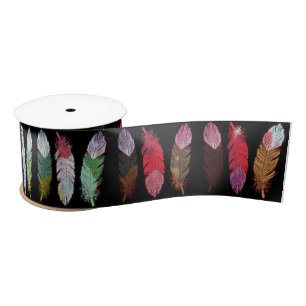 Colourful feathers on black satin ribbon