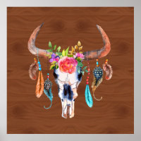 Colourful Feathers On Bull Skull Poster