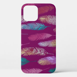 Colourful feathers: purple background pattern. iPhone 12 case