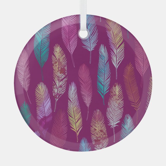 Colourful feathers: purple background pattern. glass ornament (Front)